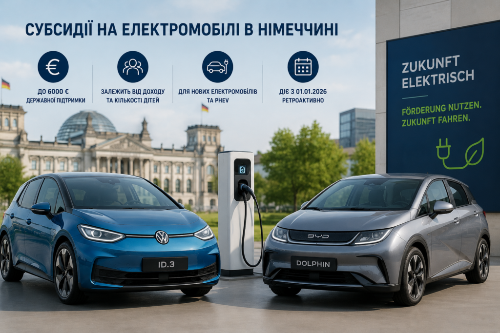 Субсидії на електромобілі в Німеччині: порівняння Volkswagen ID.3 та BYD Dolphin